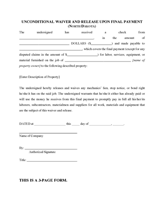 Picture of North Dakota Unconditional Waiver and Release of Lien Upon Final Payment