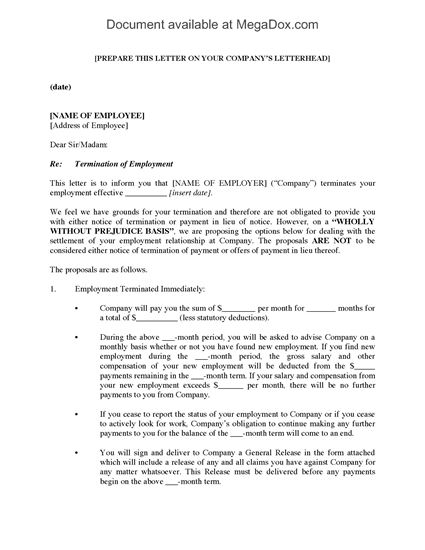 Picture of Employment Termination Letter with Settlement Proposal