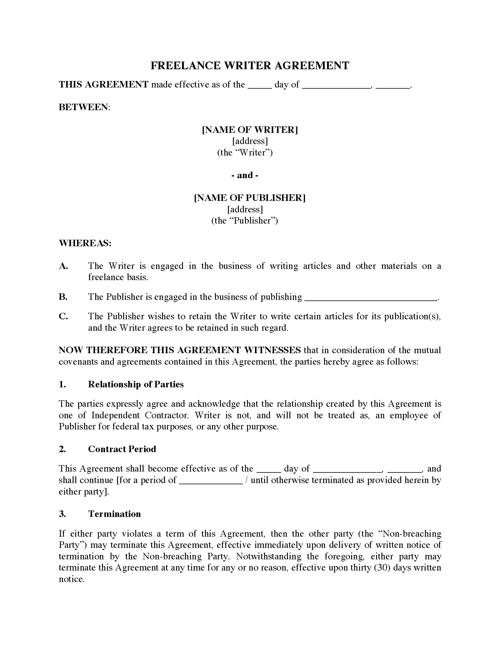 Freelance Writer Agreement  Legal Forms and Business Templates Intended For freelance writer agreement template