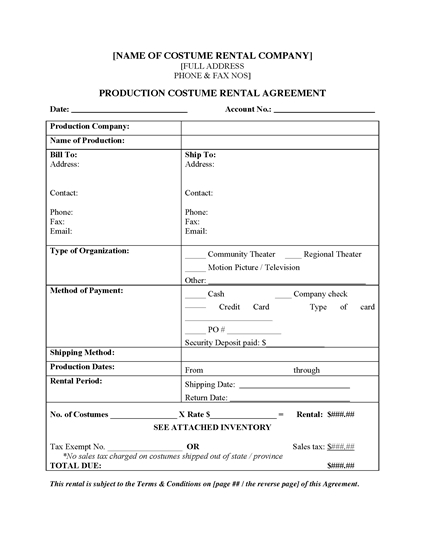 Picture of Costume Rental Agreement for Film or Theater