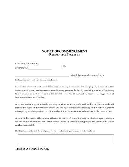 Picture of Michigan Notice of Commencement - Residential Property