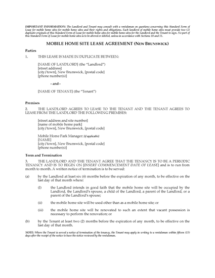 Picture of New Brunswick Lease Agreement for Mobile Home Site