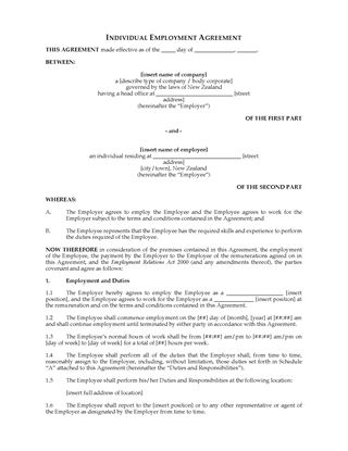 Picture of Individual Employment Agreement | New Zealand