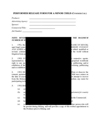 Picture of Performer Release Form for Minor in TV Commercial