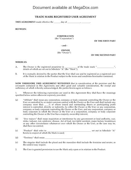 Picture of Trade Mark Registered User Agreement