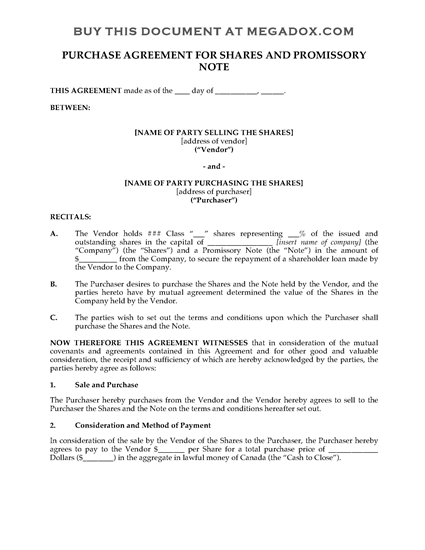 Picture of Purchase Agreement for Shares & Promissory Note | Canada