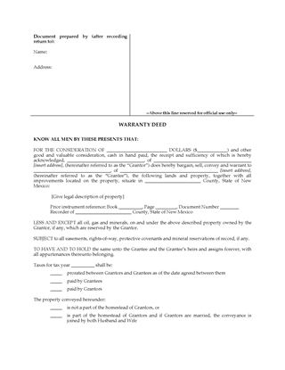 Picture of New Mexico Warranty Deed Form