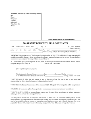 Picture of New York Warranty Deed with Full Covenants