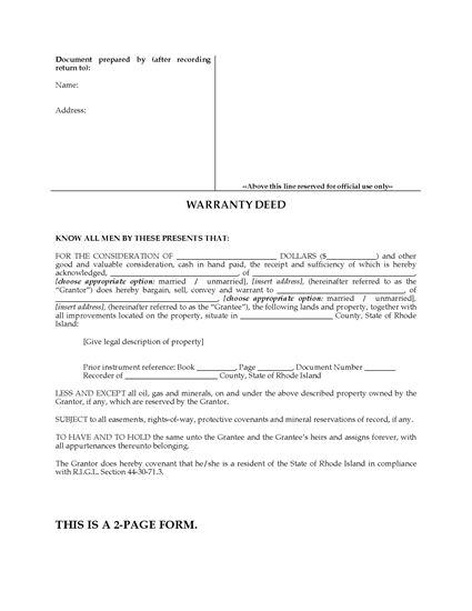 Picture of Rhode Island Warranty Deed Form