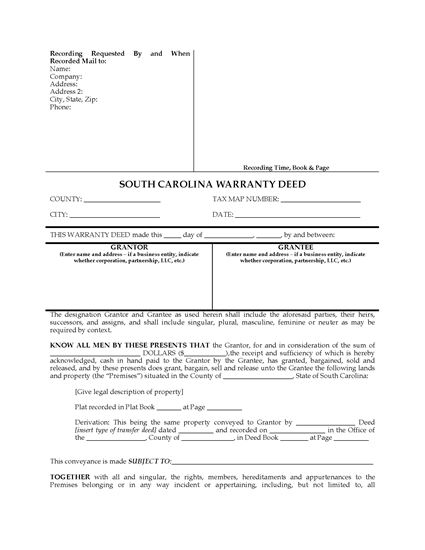Picture of South Carolina Warranty Deed Form