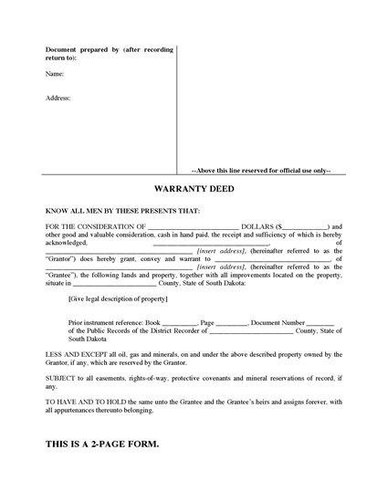 Picture of South Dakota Warranty Deed Form