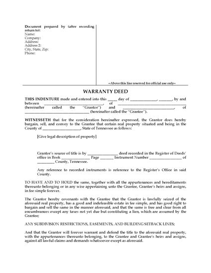 Picture of Tennessee Warranty Deed Form