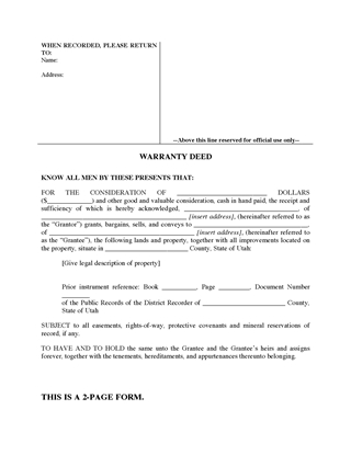 Picture of Utah Warranty Deed Form