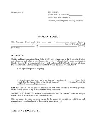 Picture of Virginia Warranty Deed Form