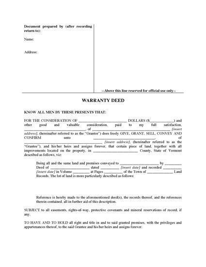 Picture of Vermont Warranty Deed Form