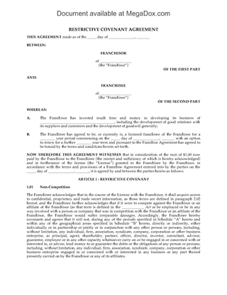 Picture of Restrictive Covenant Agreement for Franchise