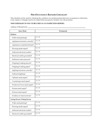 Picture of Pre-Occupancy Repairs Checklist | USA