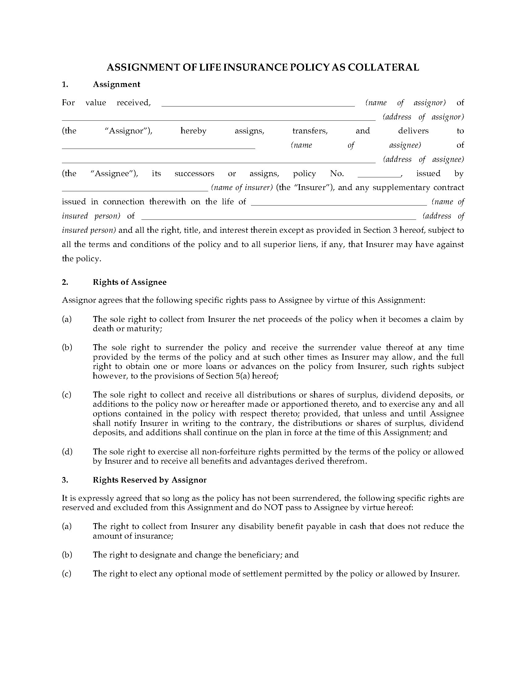 assignment of life insurance policy as collateral form
