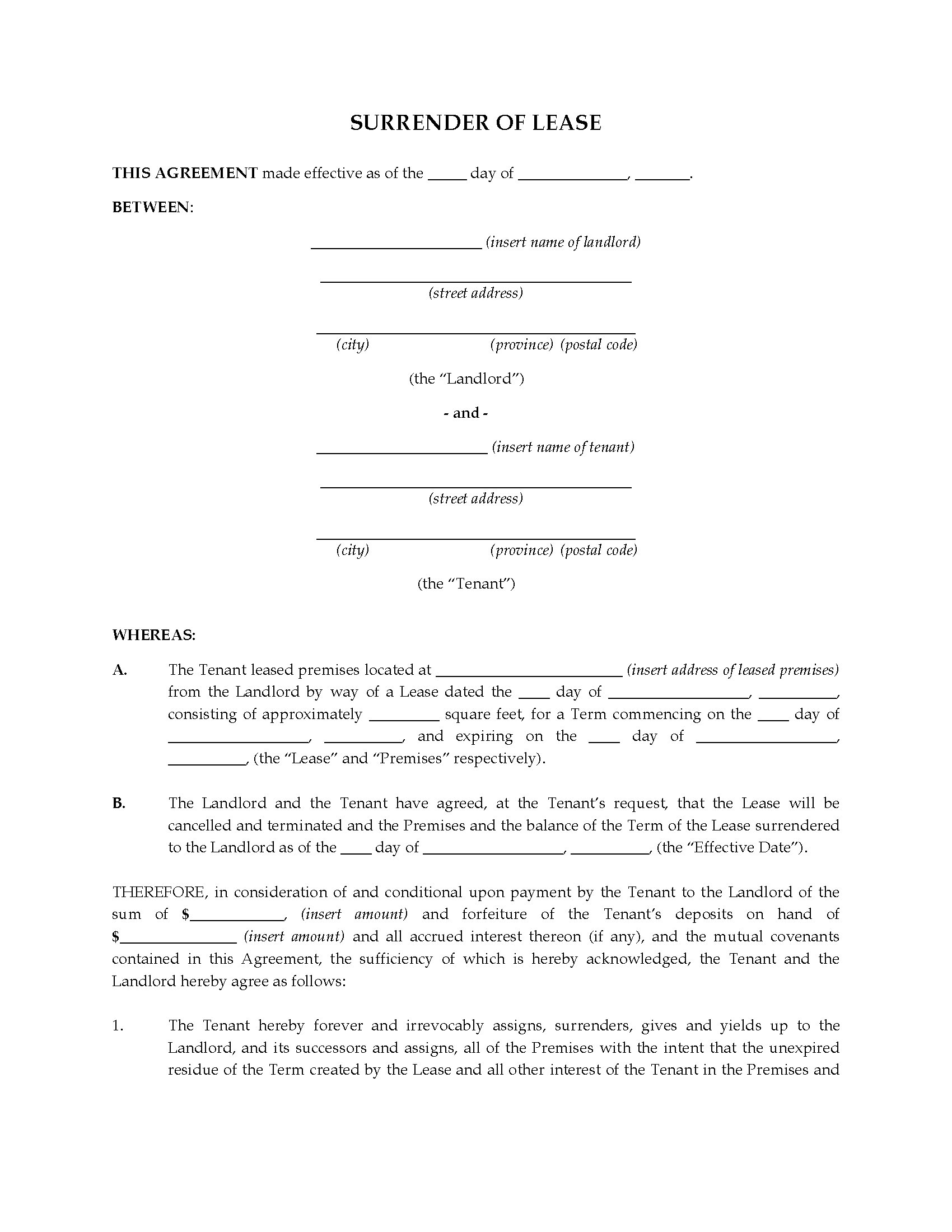 Canada Surrender of Commercial Lease  Legal Forms and Business Regarding surrender of lease agreement template