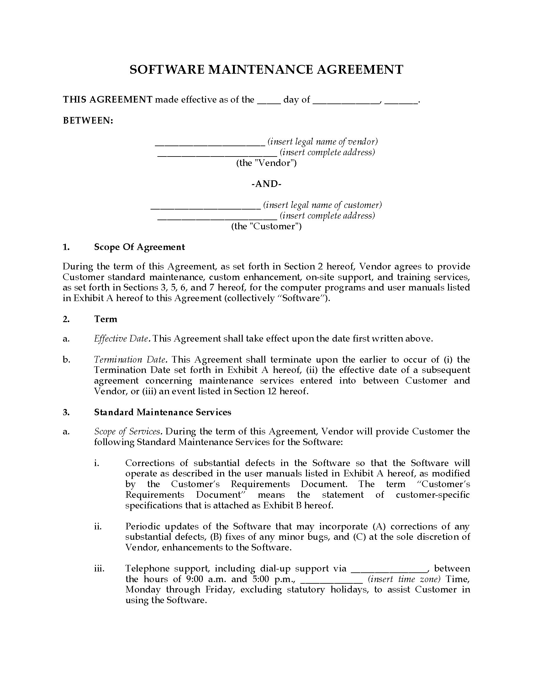 Canada Software Maintenance Agreement  Legal Forms and Business Templates  MegaDox.com