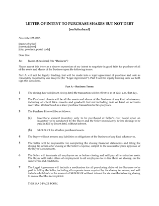 Picture of Letter of Intent to Purchase Assets and Shares but Not Debt