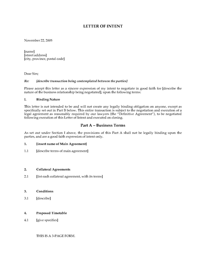 Picture of Letter of Intent Template | Canada