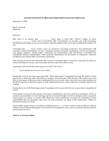 Picture of Letter of Intent for Computer Consulting Services