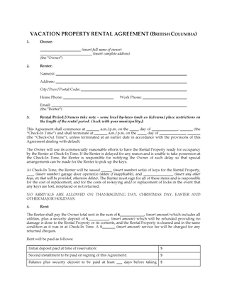 Picture of British Columbia Vacation Property Rental Agreement