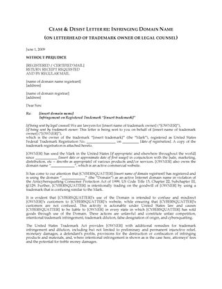 Picture of Cease and Desist Letter re Infringing Domain Name | USA