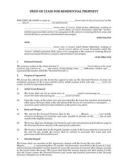 Picture of India Deed of Lease for Residential Property