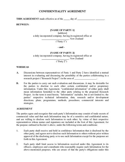 Picture of Confidentiality Agreement for Joint Research Project | New Zealand