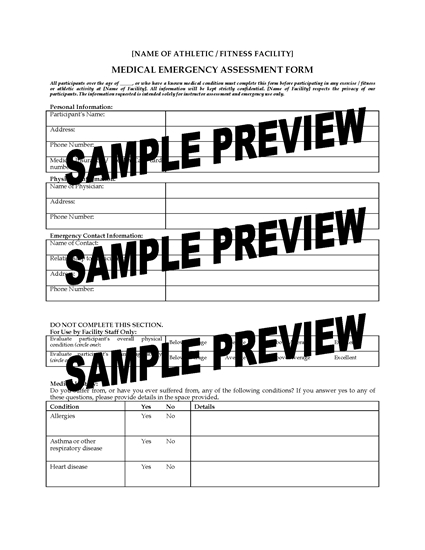 Picture of Medical Emergency Assessment Form for Fitness Program
