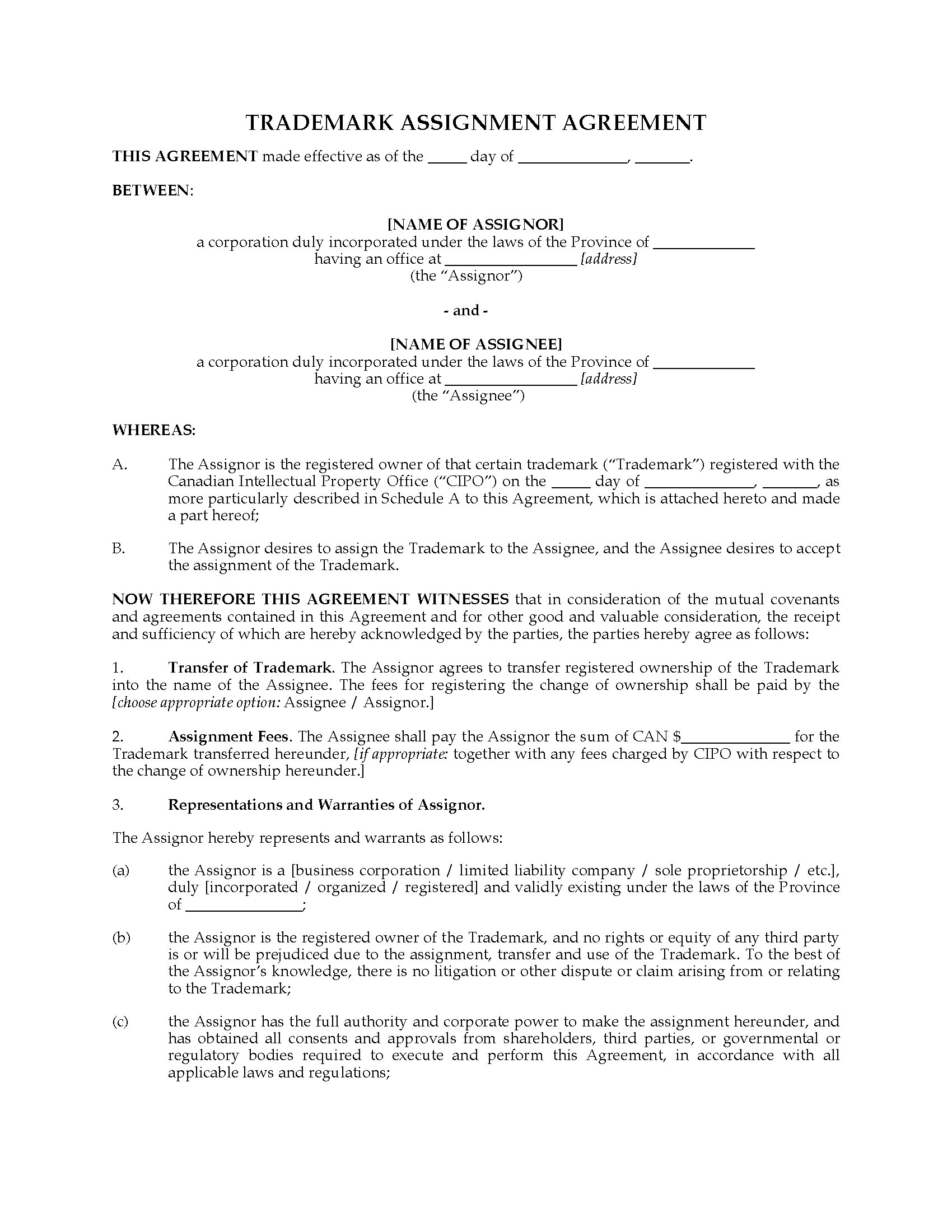 Canada Trade Mark Assignment Agreement  Legal Forms and Business In trademark assignment agreement template