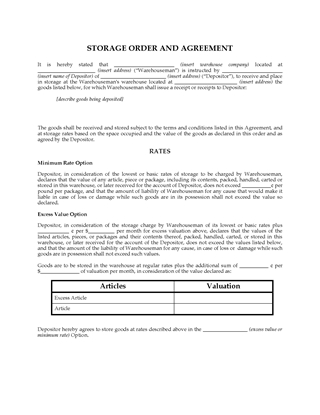 Picture of Storage Order and Agreement Template