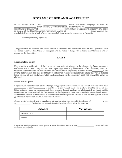 Picture of Storage Order and Agreement Template