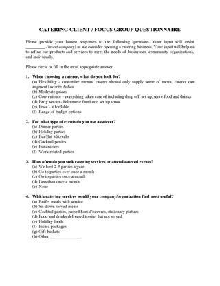 Picture of Catering Client Focus Group Questionnaire