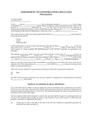 Picture of New Jersey Amendment to Construction Lien Claim