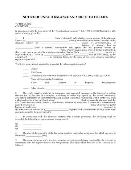 Picture of New Jersey Notice of Unpaid Balance and Right to File Lien