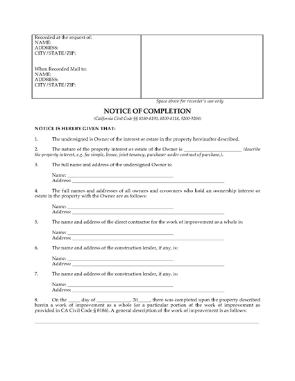 Picture of California Notice of Completion Form