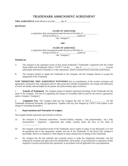 Picture of Trademark Assignment Agreement | USA