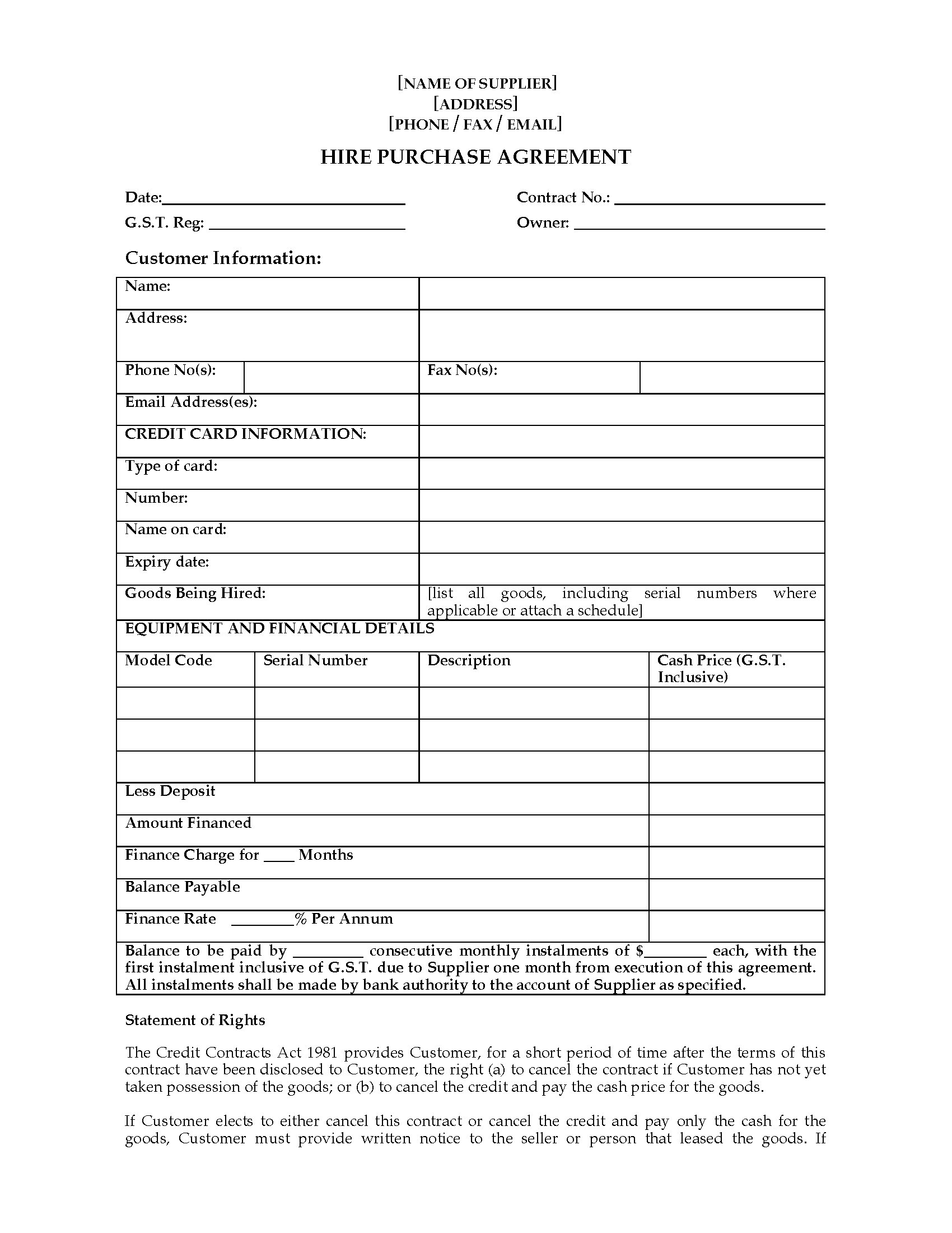New Zealand Equipment Hire Purchase Agreement Form  Legal Forms In rental agreement template new zealand