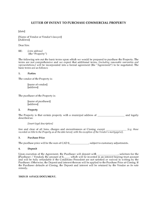 Picture of Letter of Intent to Purchase Commercial Real Estate Property | Canada