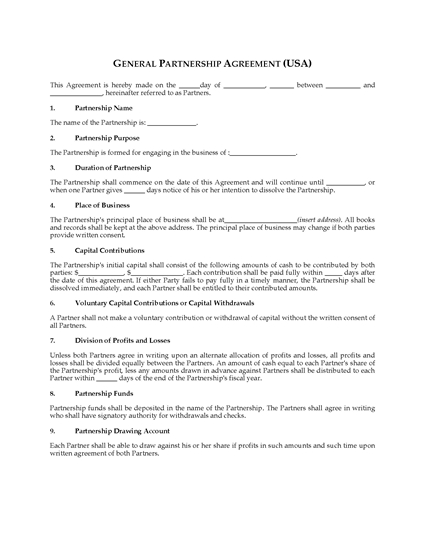 Picture of General Partnership Agreement | USA