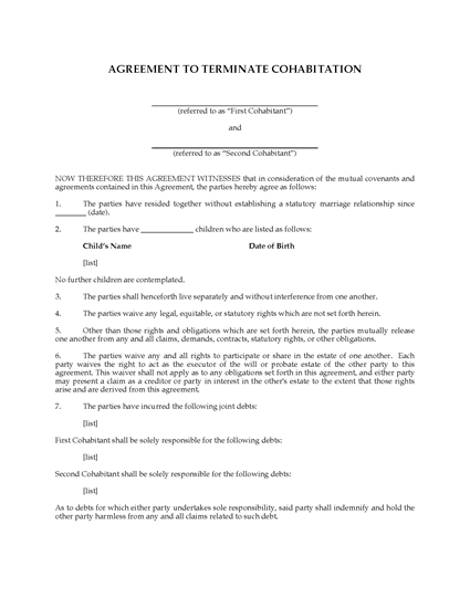 Picture of Agreement to Terminate Cohabitation | USA