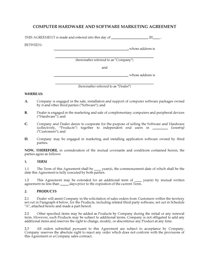 Picture of Computer Hardware and Software Marketing Agreement