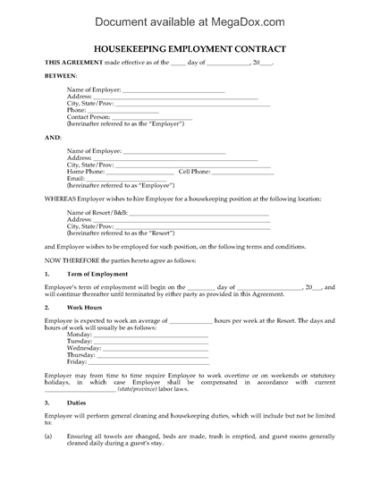 Picture of Housekeeping Employment Contract for Resort