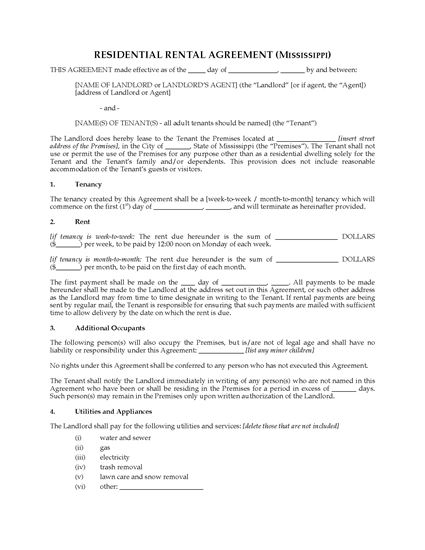 Picture of Mississippi Rental Agreement for Residential Premises