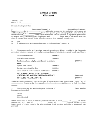 Picture of Nevada Notice of Lien