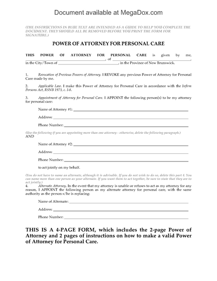 Picture of New Brunswick Power of Attorney for Personal Care