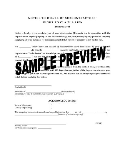 Picture of Minnesota Notice to Owner of Subcontractor's Right to Claim a Lien